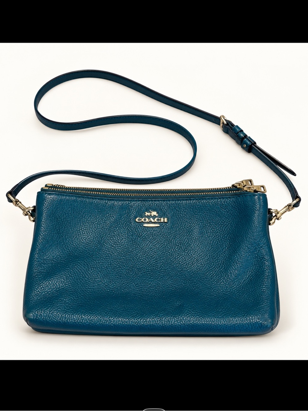 COACH Vintage Teal Pebbled Leather Double-Zip Crossbody Bag STUNNING
